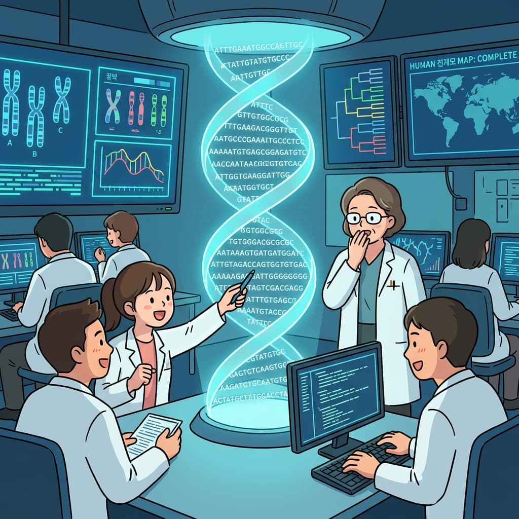 과학자들이 인간 게놈 전체를 화면 가득 펼쳐 놓고 분석한다.
