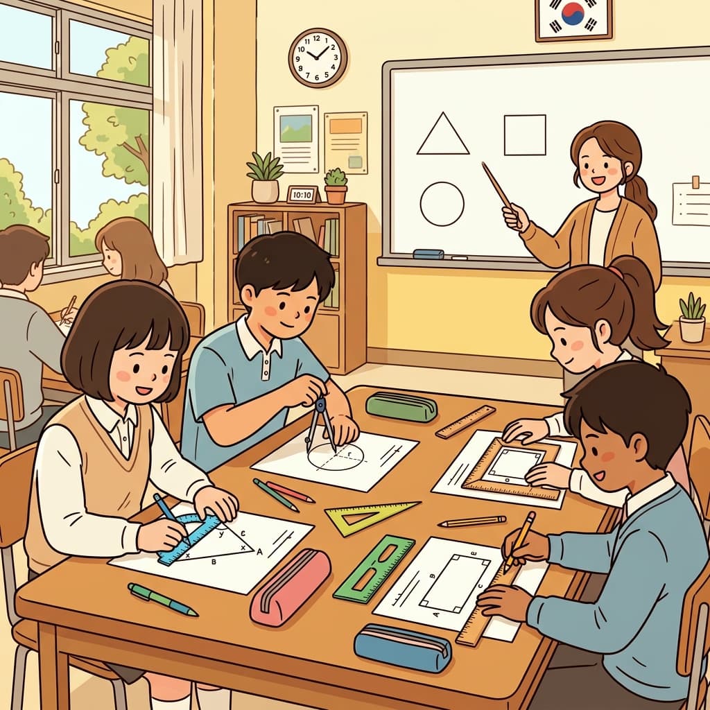 학생들은 삼각형과 원을 측정하며 기하학을 배웠다.