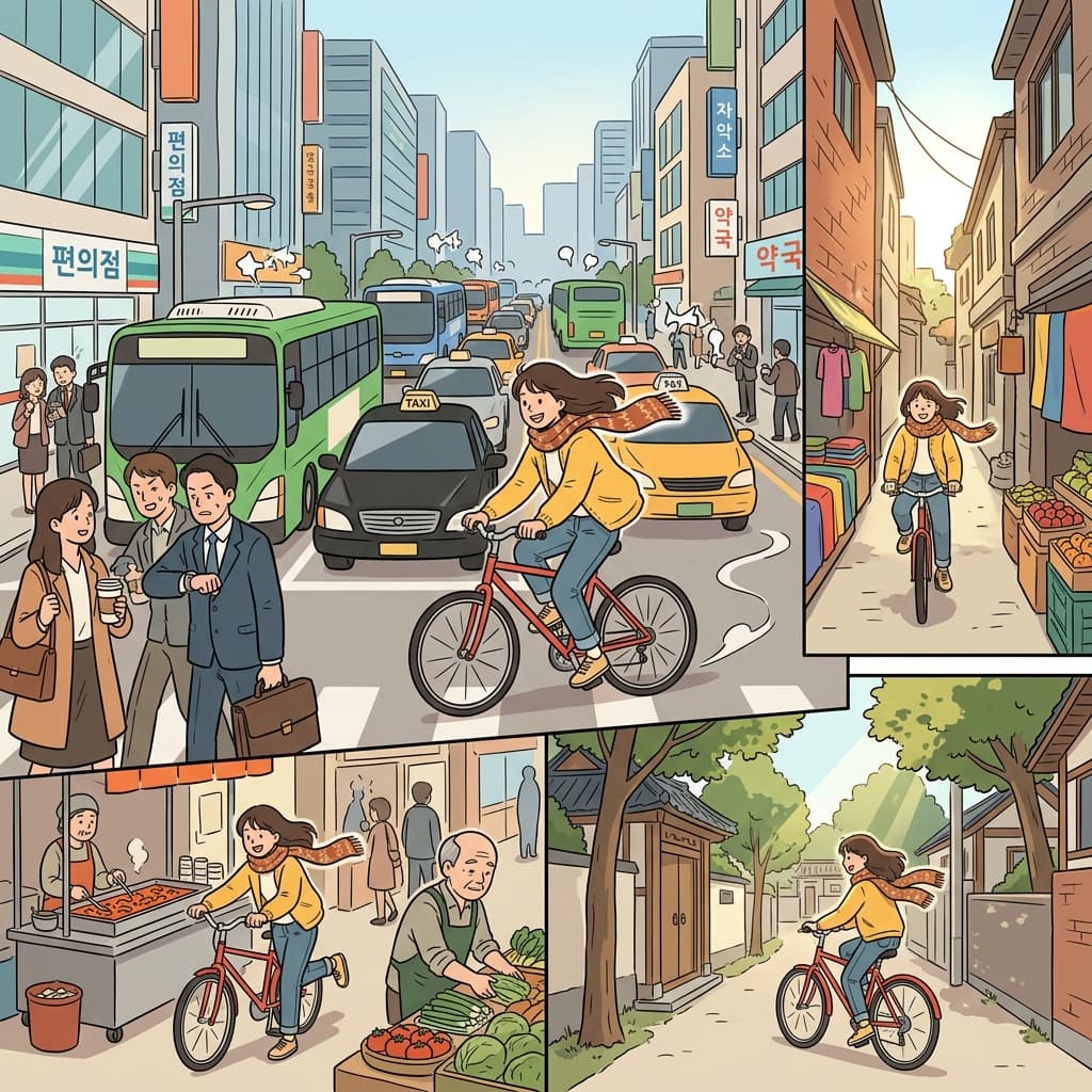 그녀는 자전거 하나로 복잡한 도시를 잘 돌아다닌다.