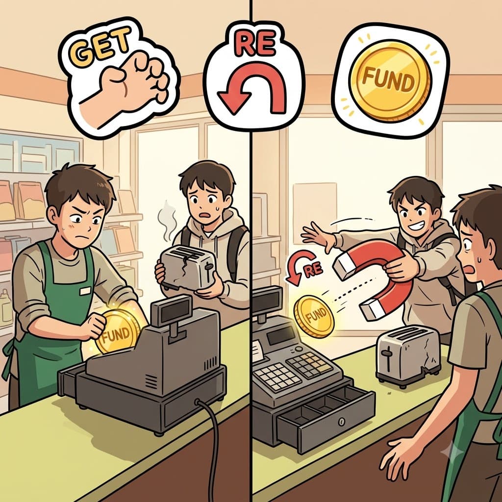 GET(얻다) + A(하나의) + RE(다시/돌려) + FUND(자금/돈) — 자신의 원래 자금(FUND)을 직접 다시 돌려(RE) 받기(GET) 위해 강력히 요구함으로써, 화가 난 구매자는 성공적으로 환불을 받을(get a refund) 수 있었다.