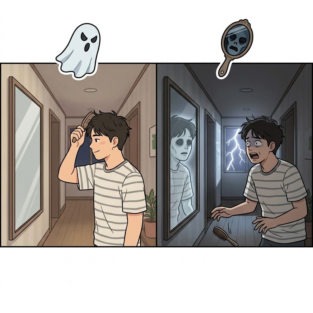GHAST (유령/겁을 주다) + LY (~처럼) — 안개 속에서 피어오르는 창백한 유령(GHAST)처럼(LY) 보임으로써, 그 환영의 얼굴은 몹시 섬뜩했다(ghastly).