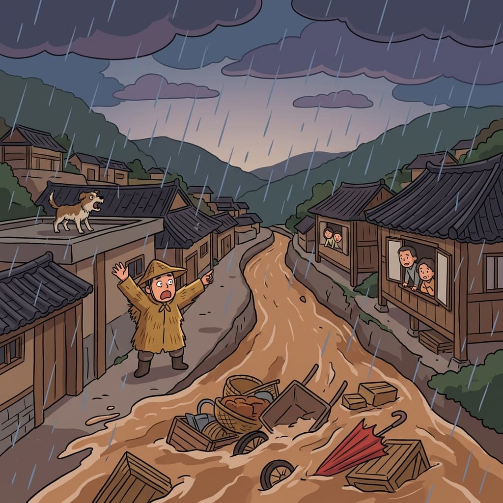 폭우가 결국 마을에 홍수를 일으켰다.