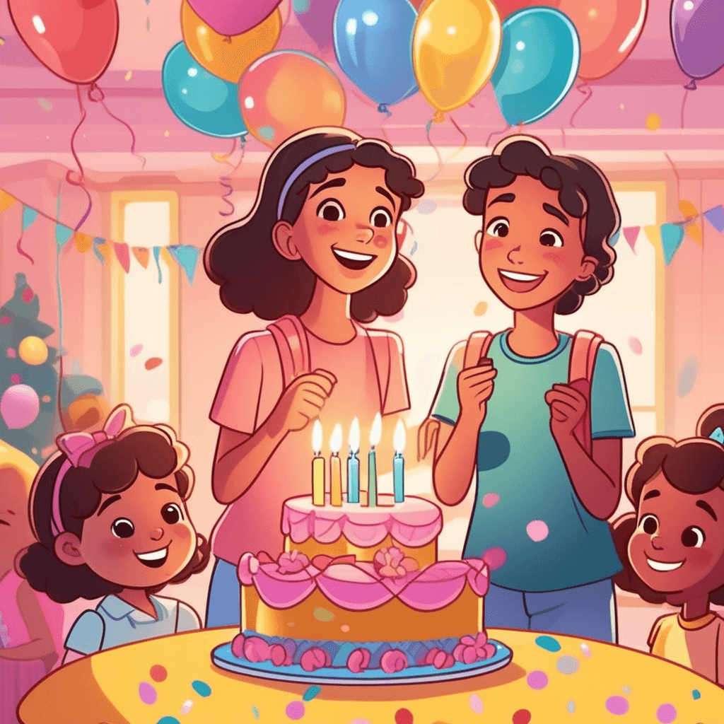친구들이 생일케이크로 놀래켜주자 소녀가 기뻐한다