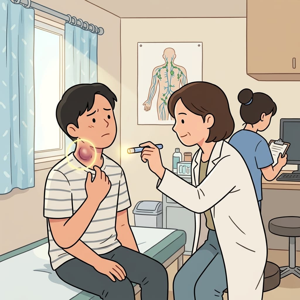의사가 환자 목에 부어오른 분비샘을 가리켰다.