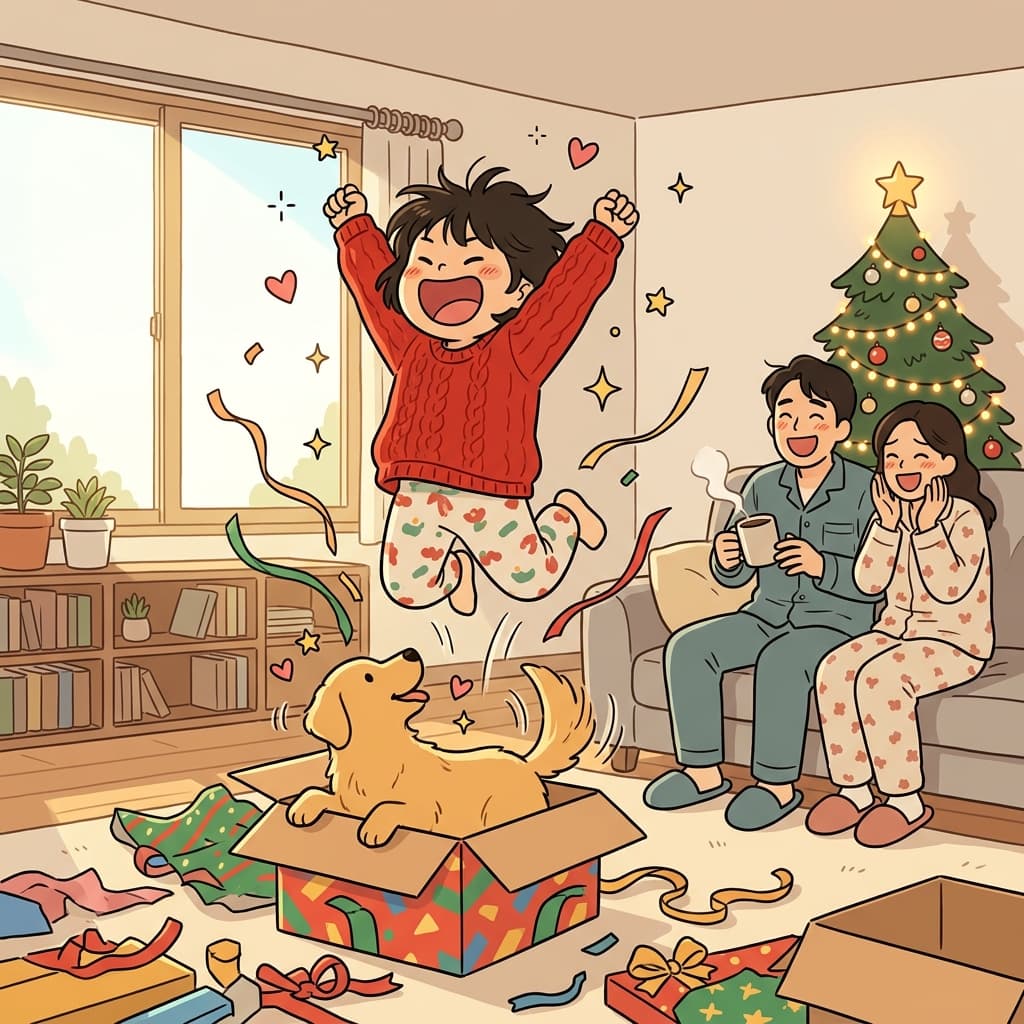 강아지를 본 아이가 너무 신나서 폴짝폴짝 뛴다.