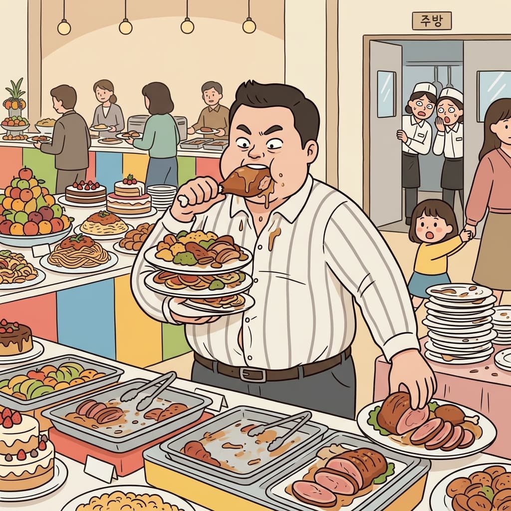 그는 뷔페 음식을 혼자 다 먹어치웠다.