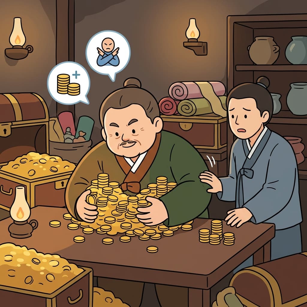 탐욕은 상인이 모든 금화를 혼자 차지하게 만들었다.