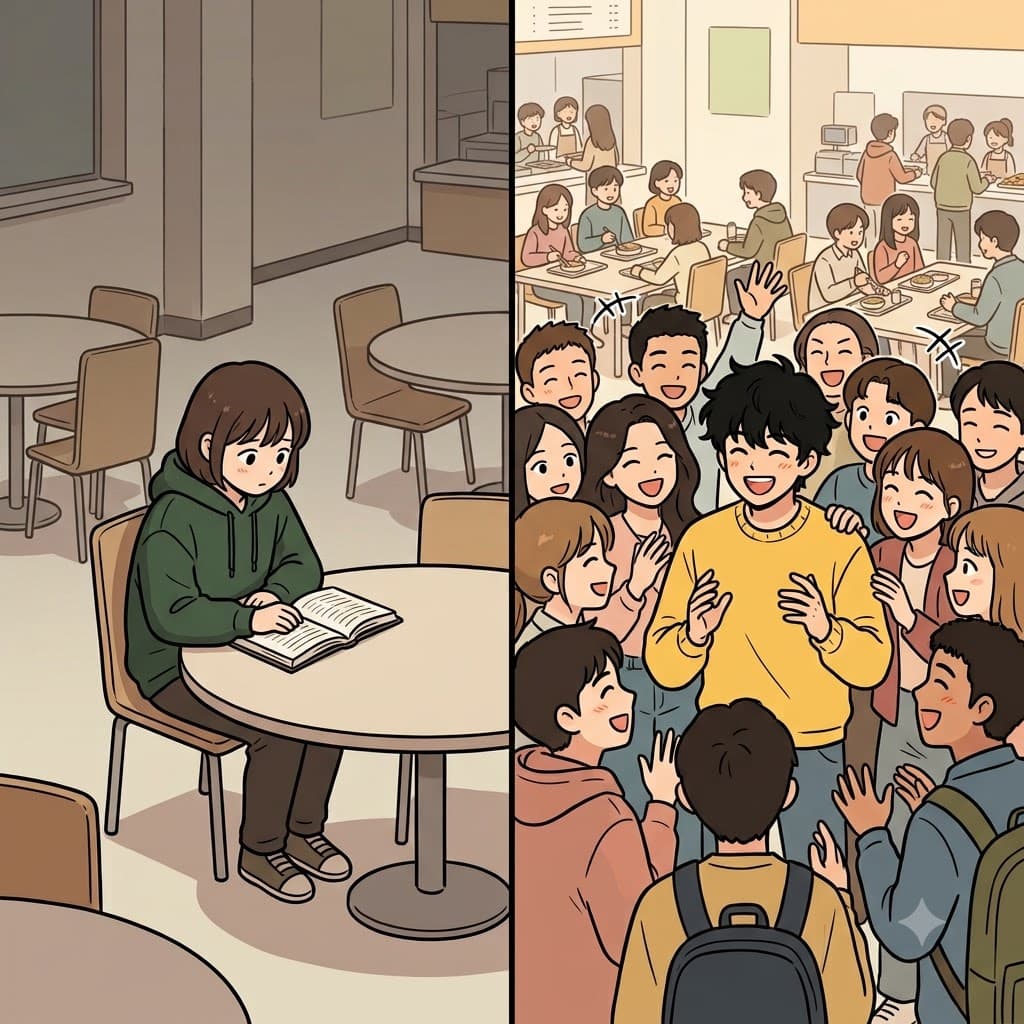 수줍음 많은 학생이 완전히 홀로 앉아 있는 동안, 사교적인(gregarious) 리더는 거대한 인파 중심에서 웃으며 대화했다.