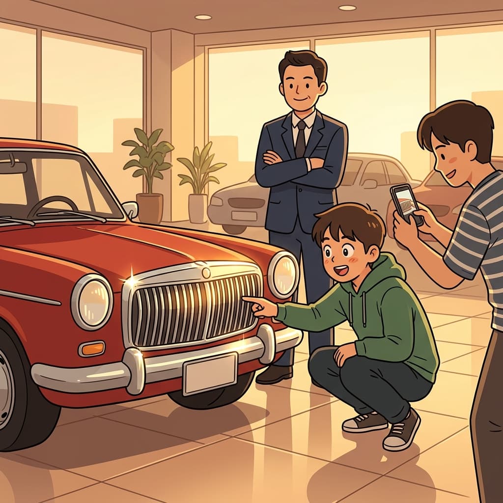 빈티지 자동차의 크롬 그릴이 전시장 조명 아래 반짝였다.
