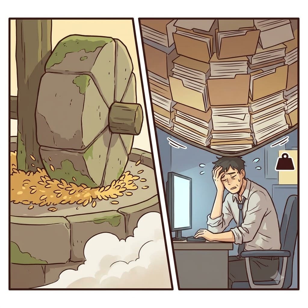 거대한 두 개의 맷돌이 맞비벼지는 것처럼, 무거운 사무 업무의 반복되는 매일의 고된 일(grind)은 직원을 완전히 지치게 했다.