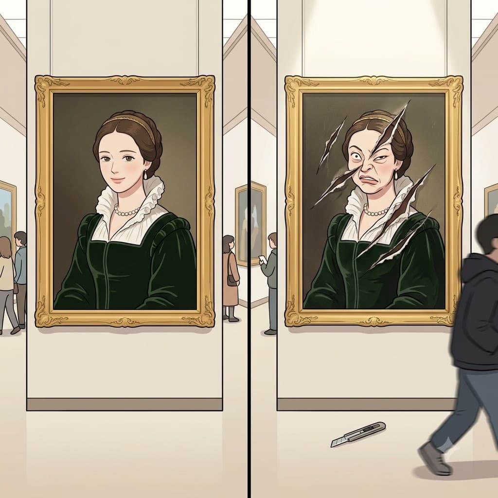 "그(gro)림에 테(tes)러를 가해 스크(que)래치를 내다니!" 아름다운 초상화를 폭력적으로 긁어내며, 훼손자는 그것을 완전히 기괴하게(grotesque) 만들었다.