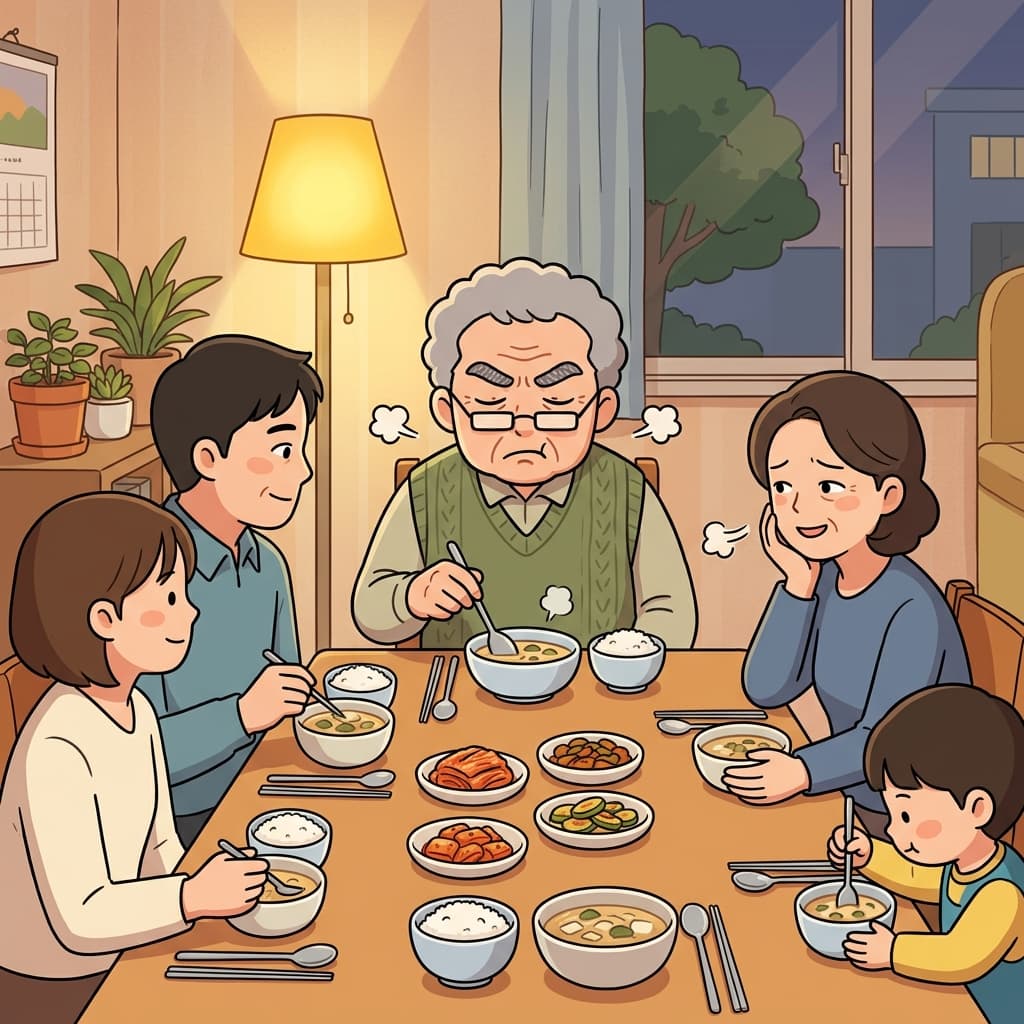 할아버지가 식은 수프를 보고 계속 투덜거리신다.