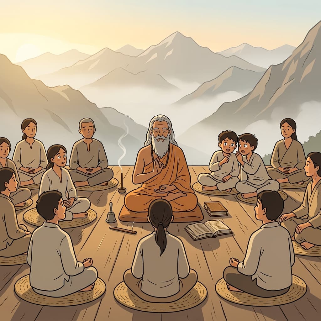 요가 구루가 산 위 테라스에서 제자들을 이끌고 있다.