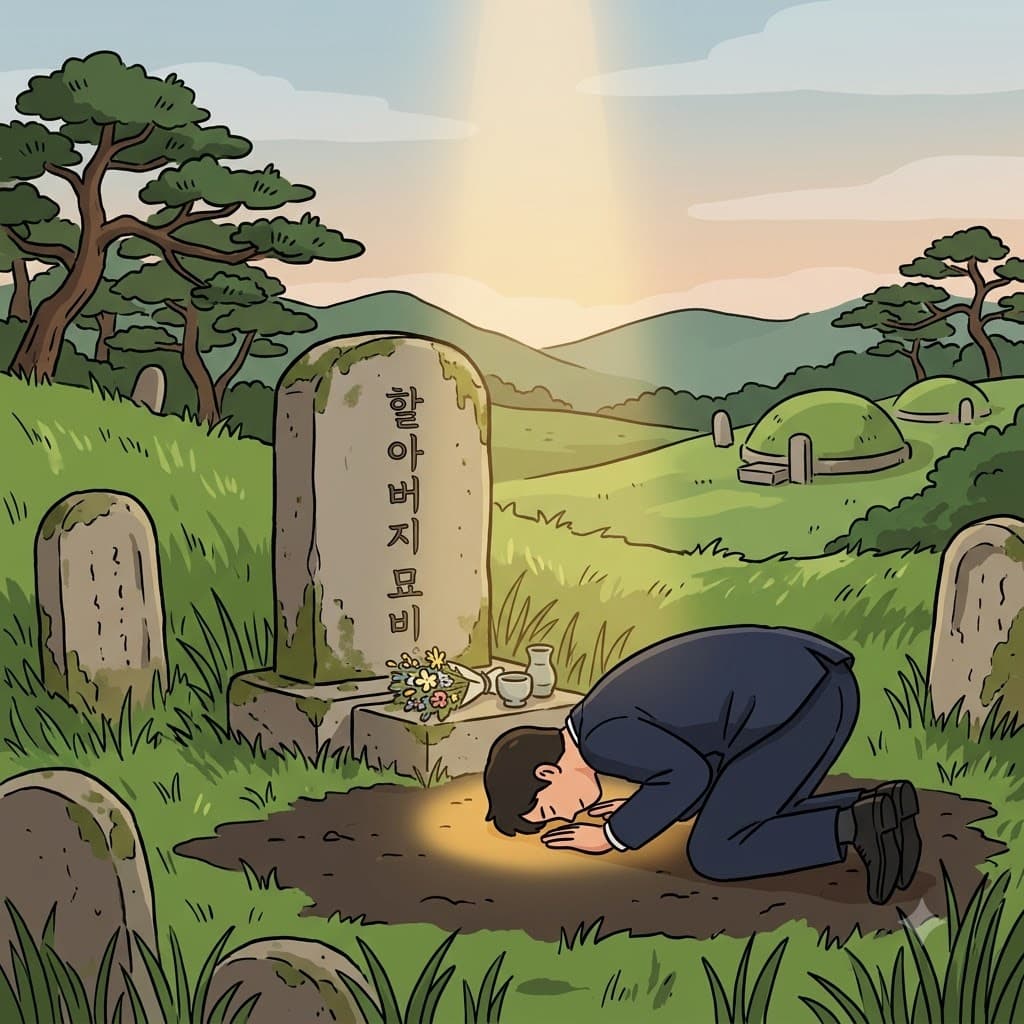 할아버지 묘비 앞에 낮게 엎드린 그는 거룩한 땅(hallowed ground)에 서 있었다.