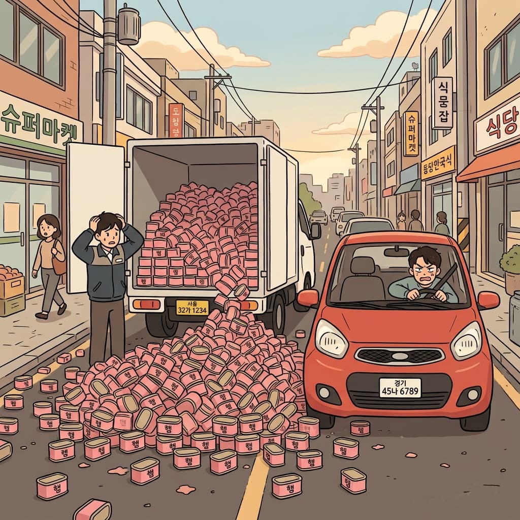 트럭에서 햄이 쏟아져 도로가 막혀 버렸다(hampered). (hampered → 햄 퍼졌다)