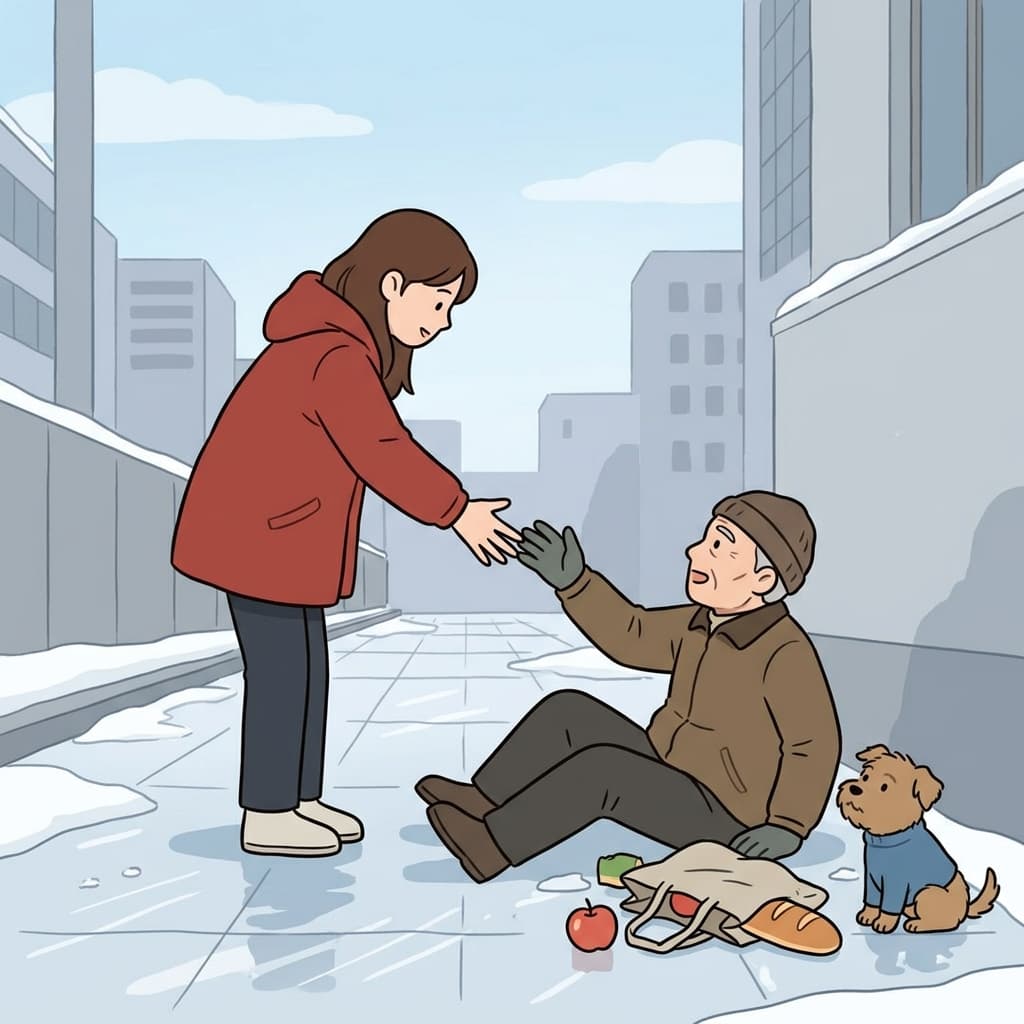 그녀가 손을 내밀어 얼음판에서 넘어진 사람을 일으켜 세웠다.