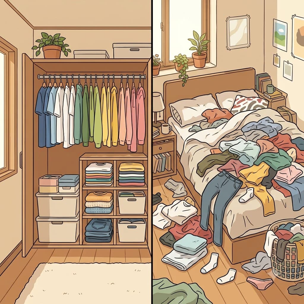깔끔하게 정리된 옷장과 달리, 침대 위의 옷들은 완전히 되는 대로 무계획적으로(haphazard) 쌓여 있었다.