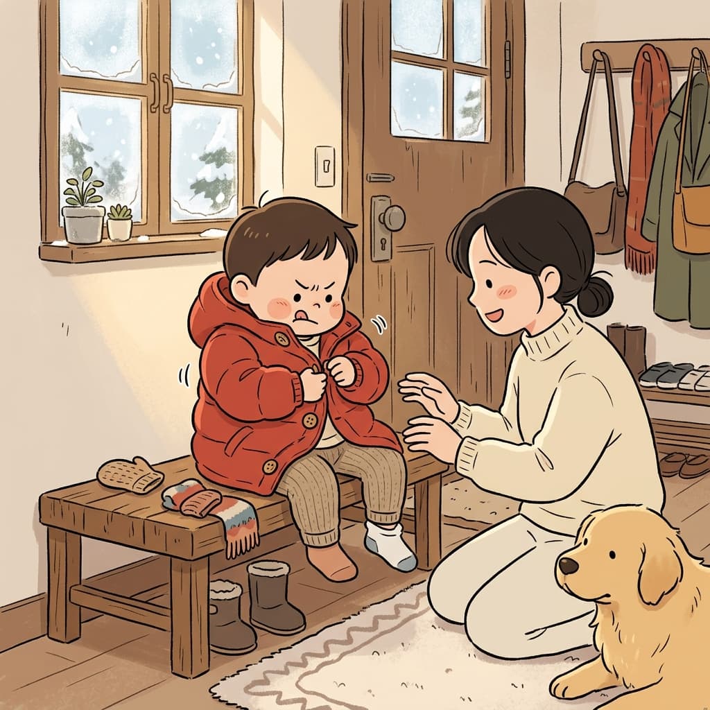 꼬마가 코트 단추를 채우느라 끙끙대고 있다.