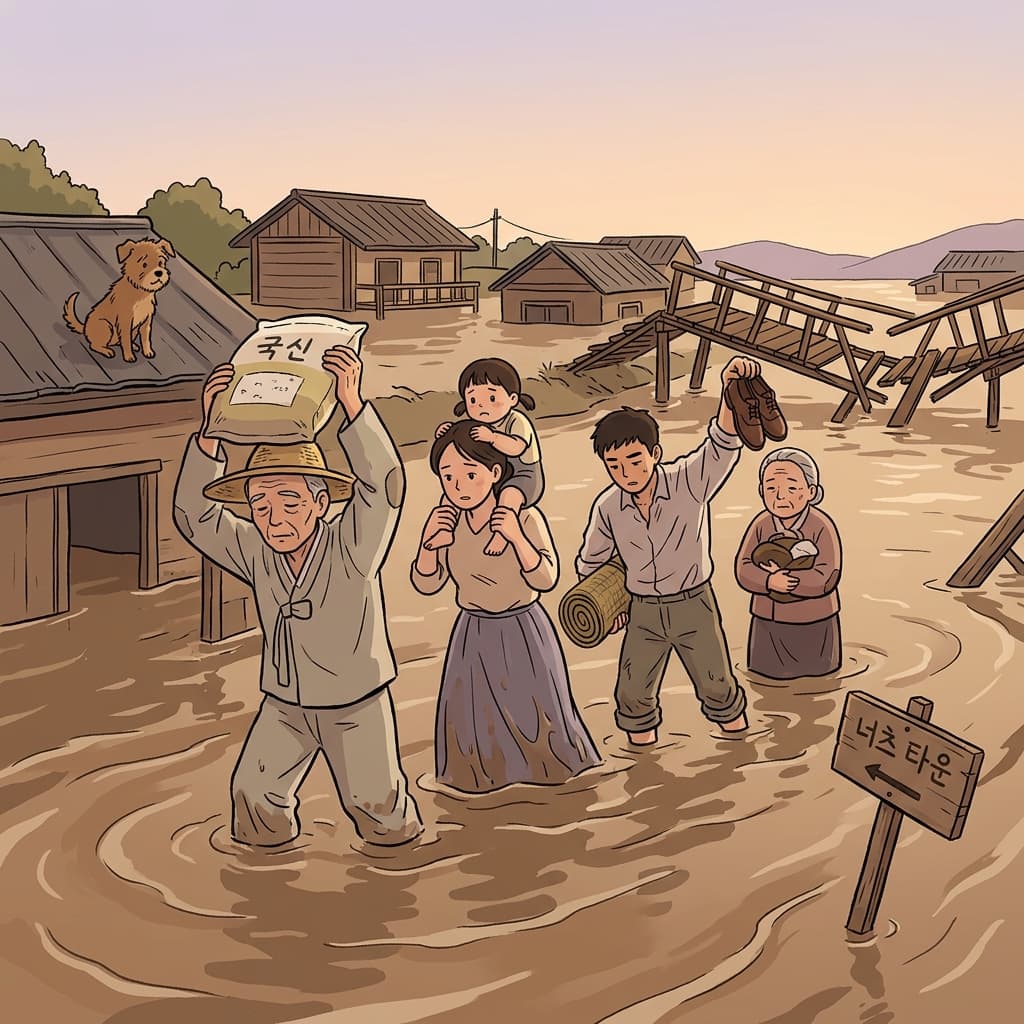 홍수로 길이 끊겨 마을 사람들은 어쩔 수 없이 물을 헤치며 걸어야 했다.