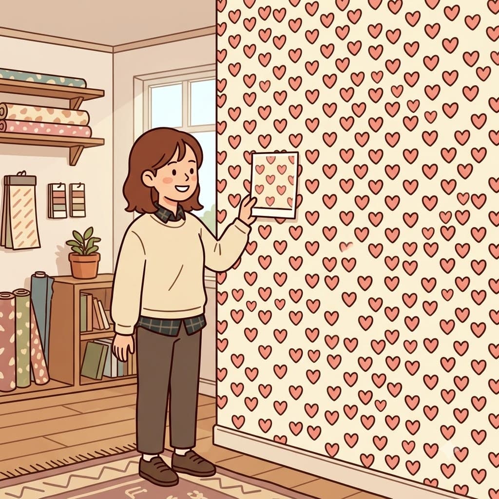 디자이너는 벽 전체에 작은 하트를 반복해서 하트무늬(heart-patterned) 벽지를 만들었다.