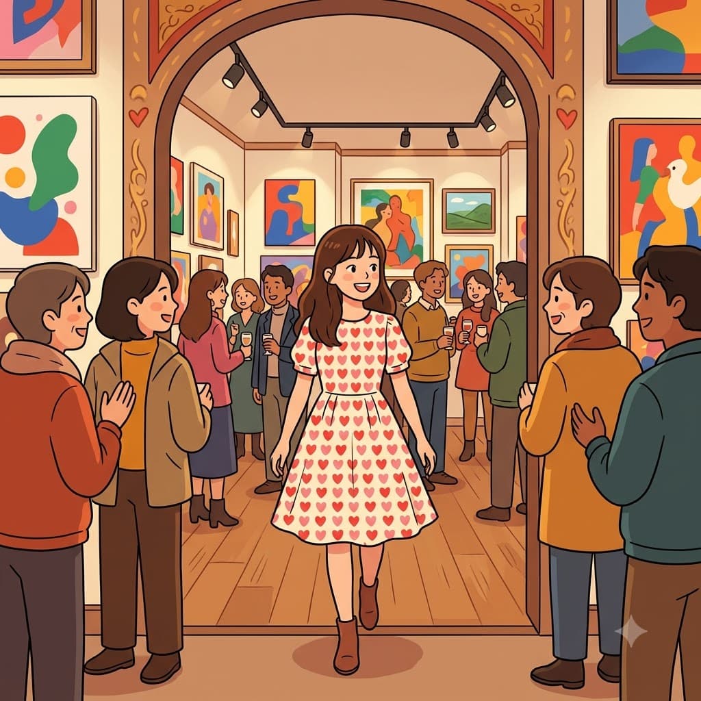그녀는 하트무늬(heart-patterned) 원피스를 입고 화려한 예술 작품(art) 사이에서 밤을 시작했다(start).