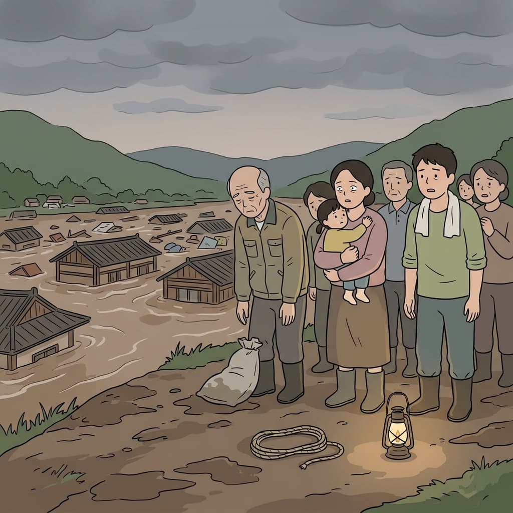 마을 사람들은 물에 잠기는 집을 그저 바라볼 수밖에 없었다.