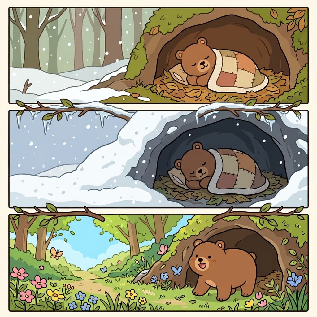 동면을 마친 동물들은 봄을 축하하며 활기차게 뛰놀았다.