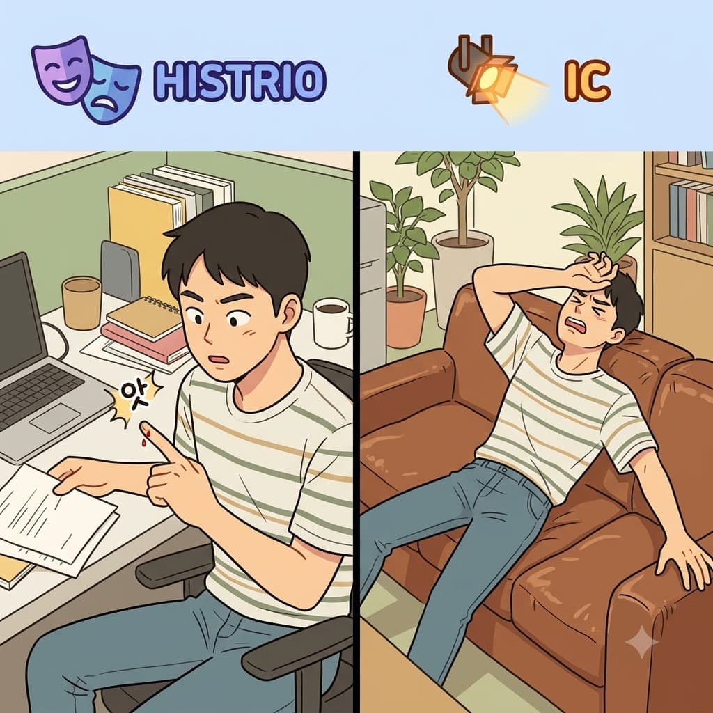 HISTRIO(배우) + IC(성질) — 무대 배우(HISTRIO)의 극적인 성질(IC)을 보여주며, 환자는 작은 종이에 베인 상처에 완전히 연극적이고 과장된(histrionic) 반응을 보였다.