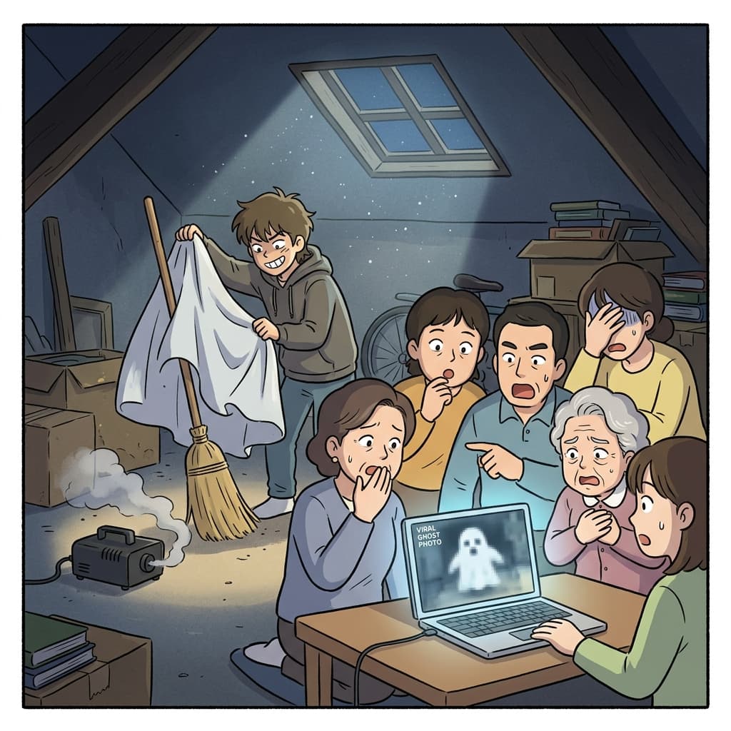 유령 사진인 줄 알았는데 알고 보니 이불로 꾸민 장난이었다.