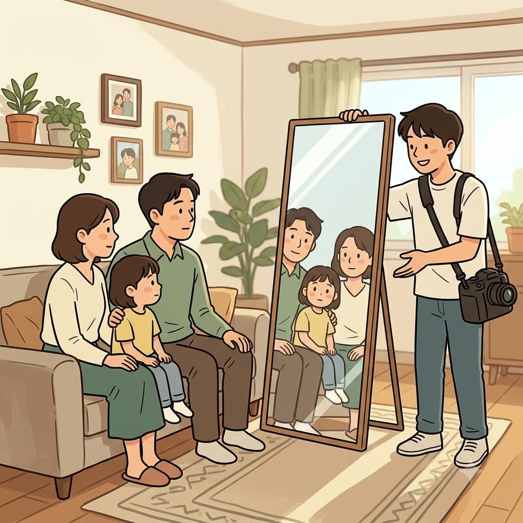 사진작가는 가족에게 거울을 들어 올려 그들의 진짜 모습을 보여 주었다. (→ 거울(mirror)을 들어 올려(hold up) 사람에게 비춘다.)