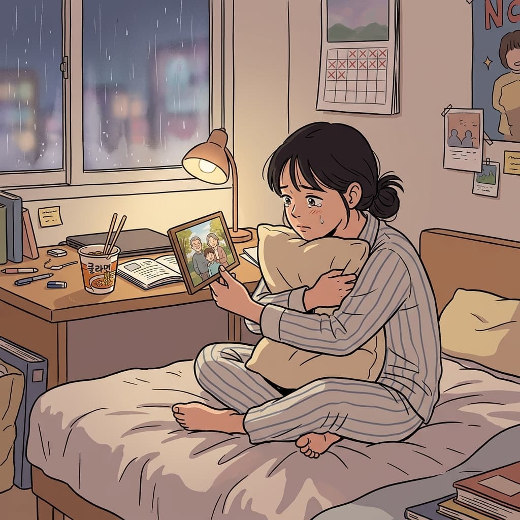 기숙사에서 가족 사진을 보다 갑자기 집 생각이 사무친다.