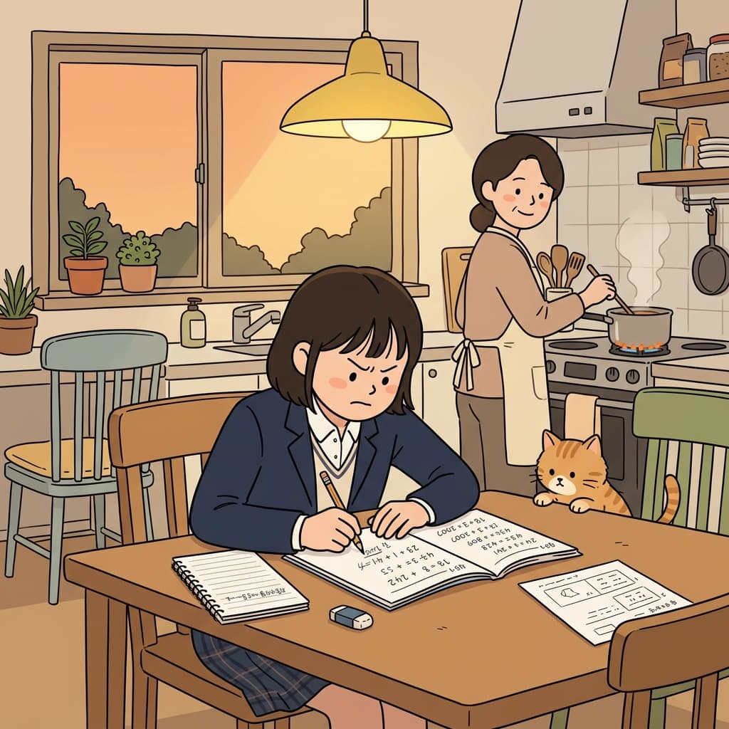 저녁 먹기 전에 부엌 식탁에서 수학 숙제를 끝낸다.