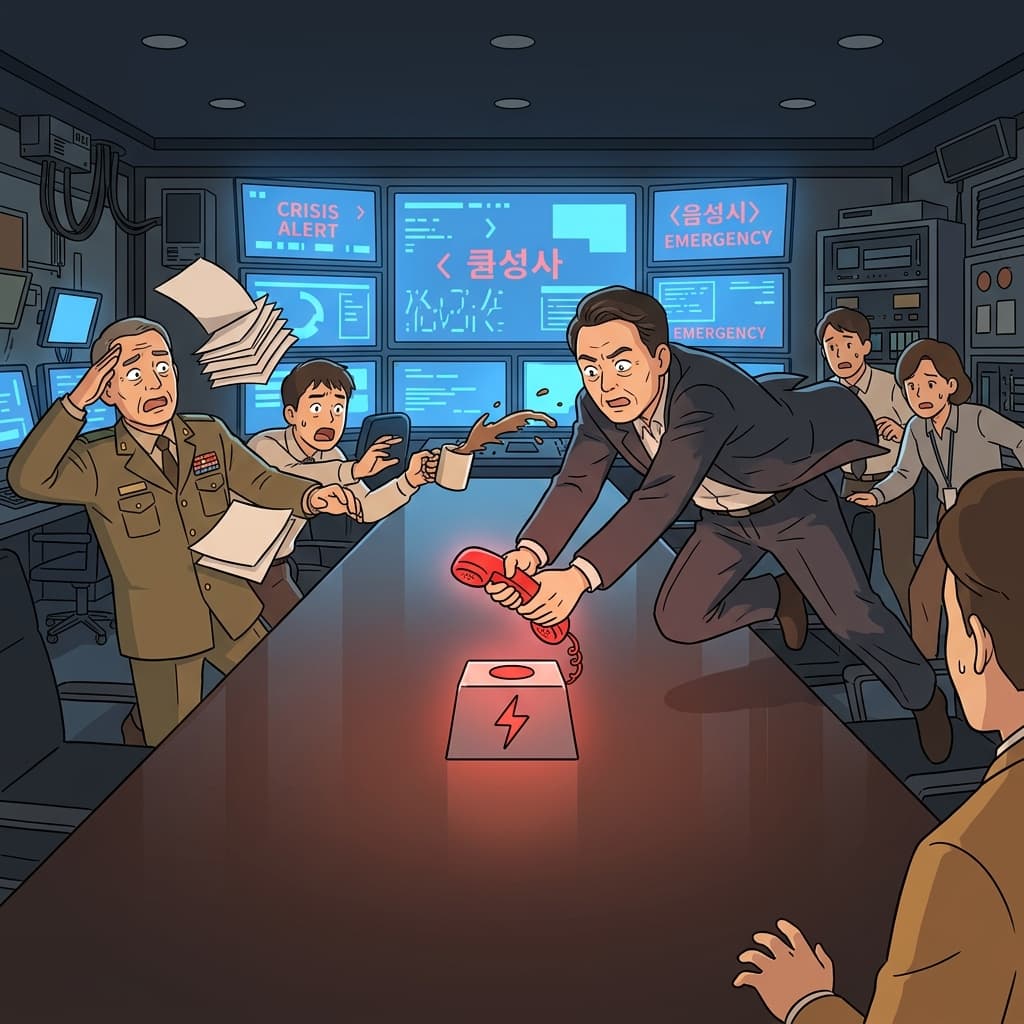 위기 경보가 울리자 대통령이 빨간 직통 전화를 집어 든다.