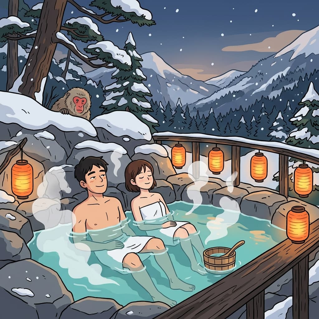 눈 쌓인 산속 온천에 몸을 담그니 피로가 싹 풀린다.