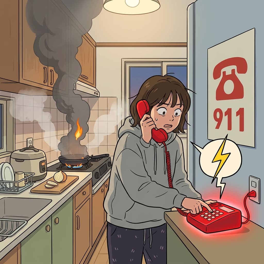 주방에 연기가 차자마자 그녀는 긴급 핫라인에 전화했다.