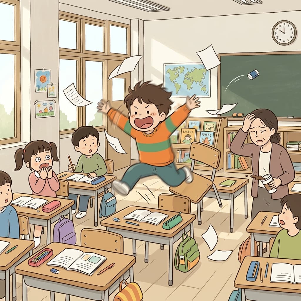 그 아이의 과잉행동에 조용하던 교실이 순식간에 난장판이 됐다.