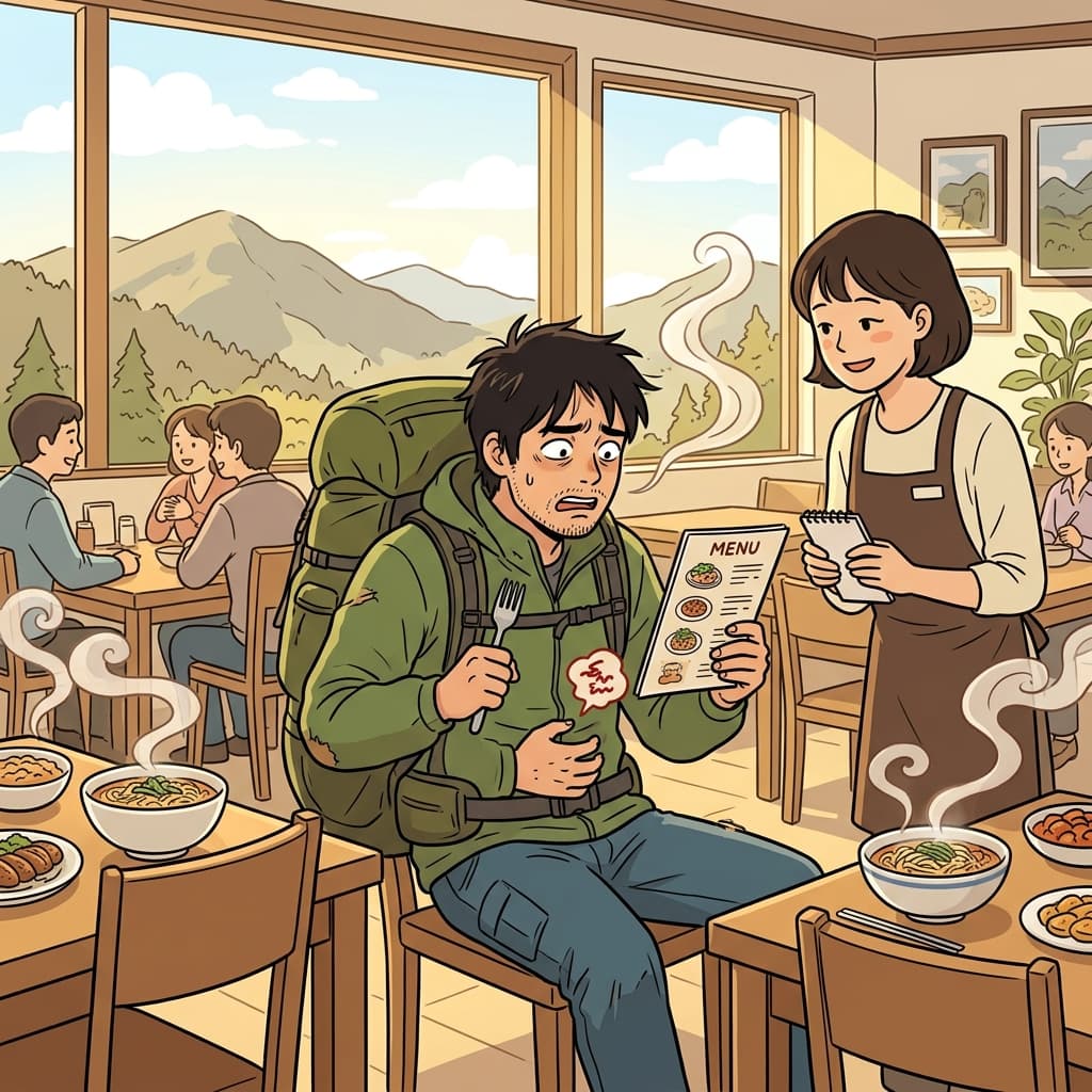 아침 내내 등산하고 식당에 도착하자마자 메뉴판을 뚫어져라 쳐다봤다.