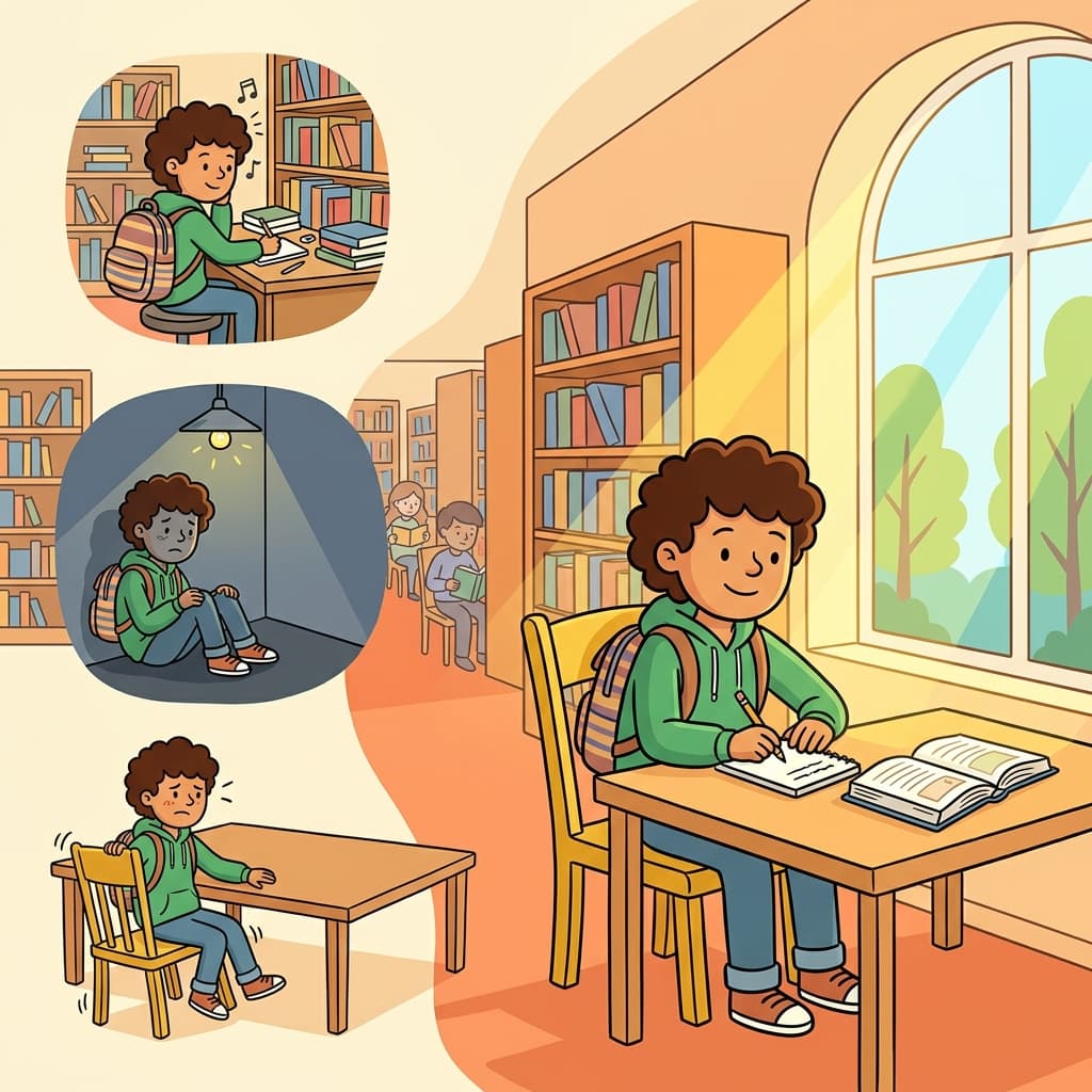 그 학생은 창가에서 이상적인 공부 자리를 찾았다. (아이디얼 → "아이디어가 가장 잘 떠오르는 완벽한 느낌")