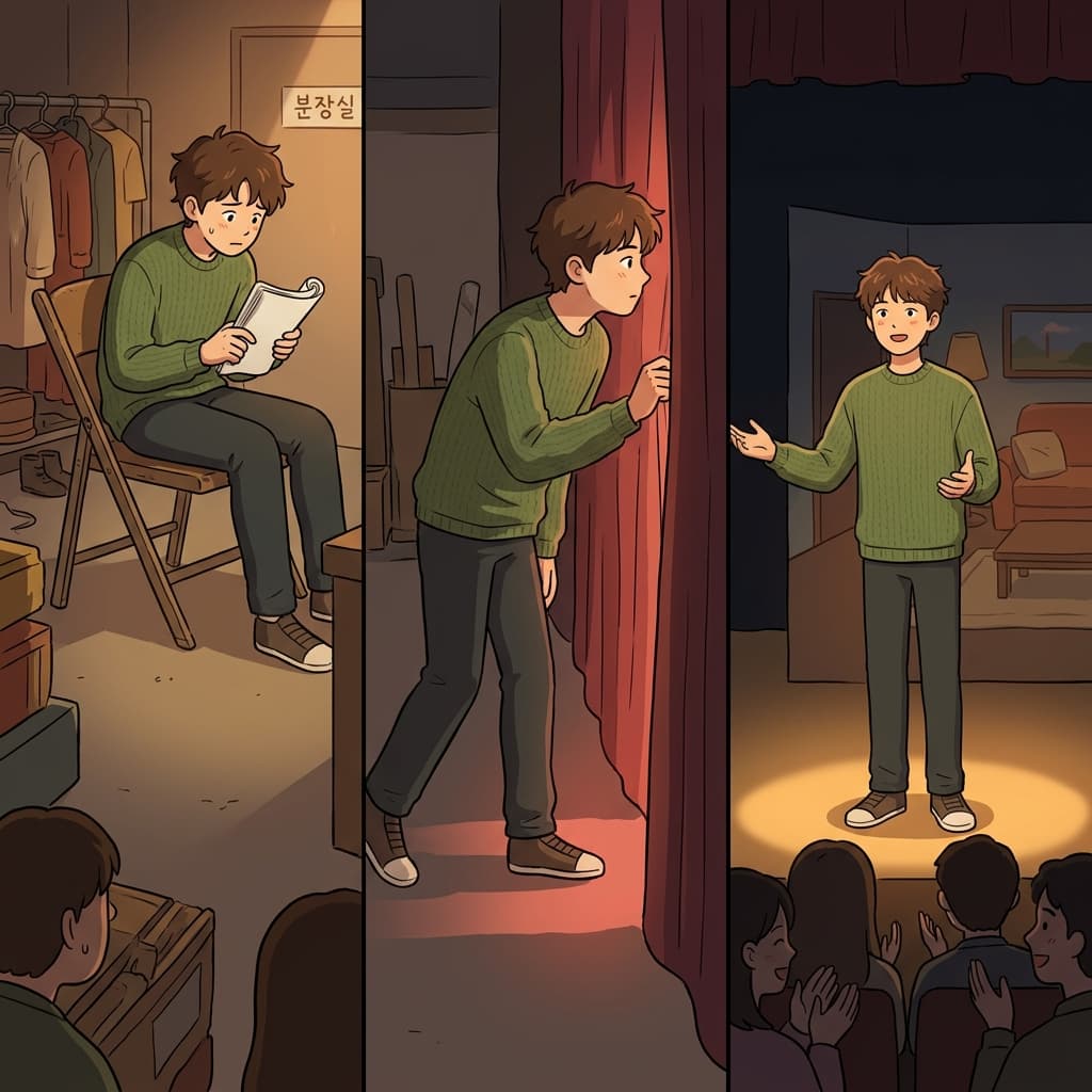 그는 빈둥거리지 않고 무대 옆으로 슬며시 다가간 뒤, 마침내 새로운 역할에 자리 잡았다.