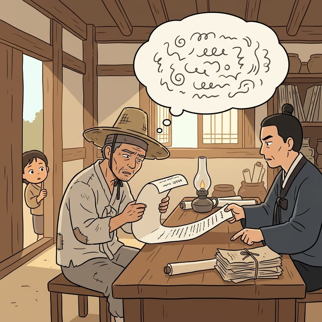 글을 못 읽는 농부가 계약서를 멍하니 바라본다.