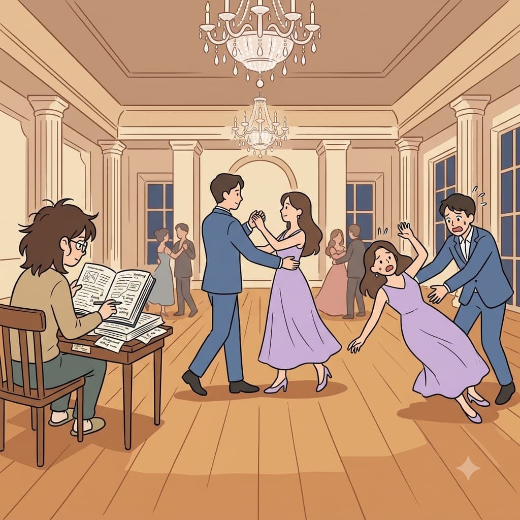 공식적인 파트너 춤(dance)을 추는 동안 복잡한 맥락(context)을 오해하여, 그녀는 서투르게 발을 디디며 어색한 불균형(imbalance)을 만들었다.