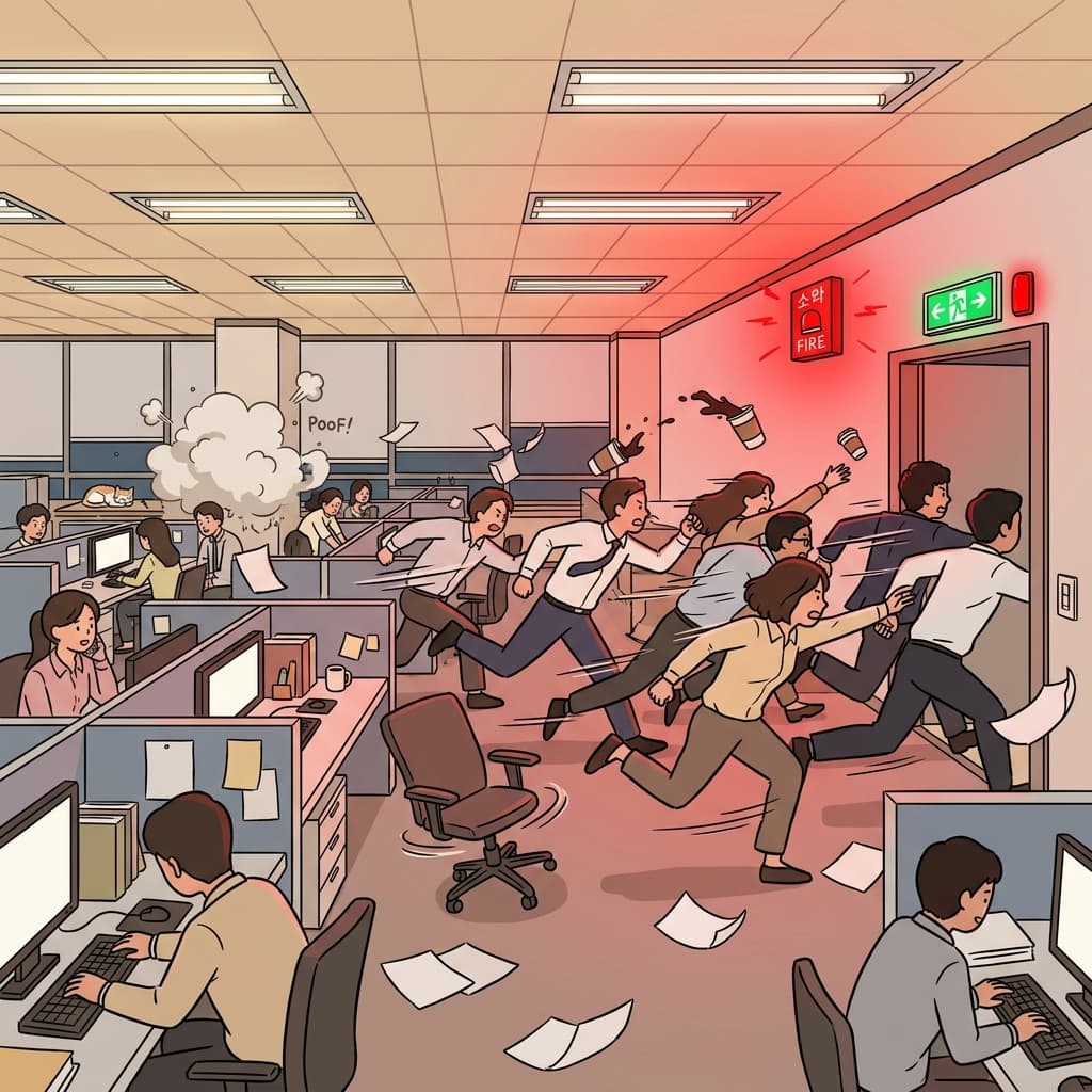 화재 경보가 울리자마자 사람들이 바로 출구로 달려갔다.