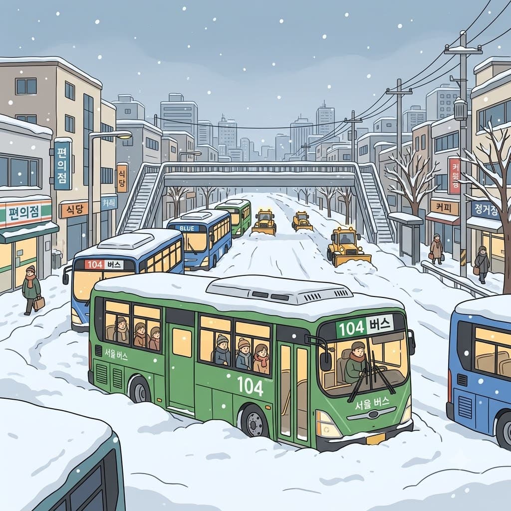 폭설 때문에 버스들은 오전 내내 움직일 수 없는(immobile) 상태로 멈춰 있었다.