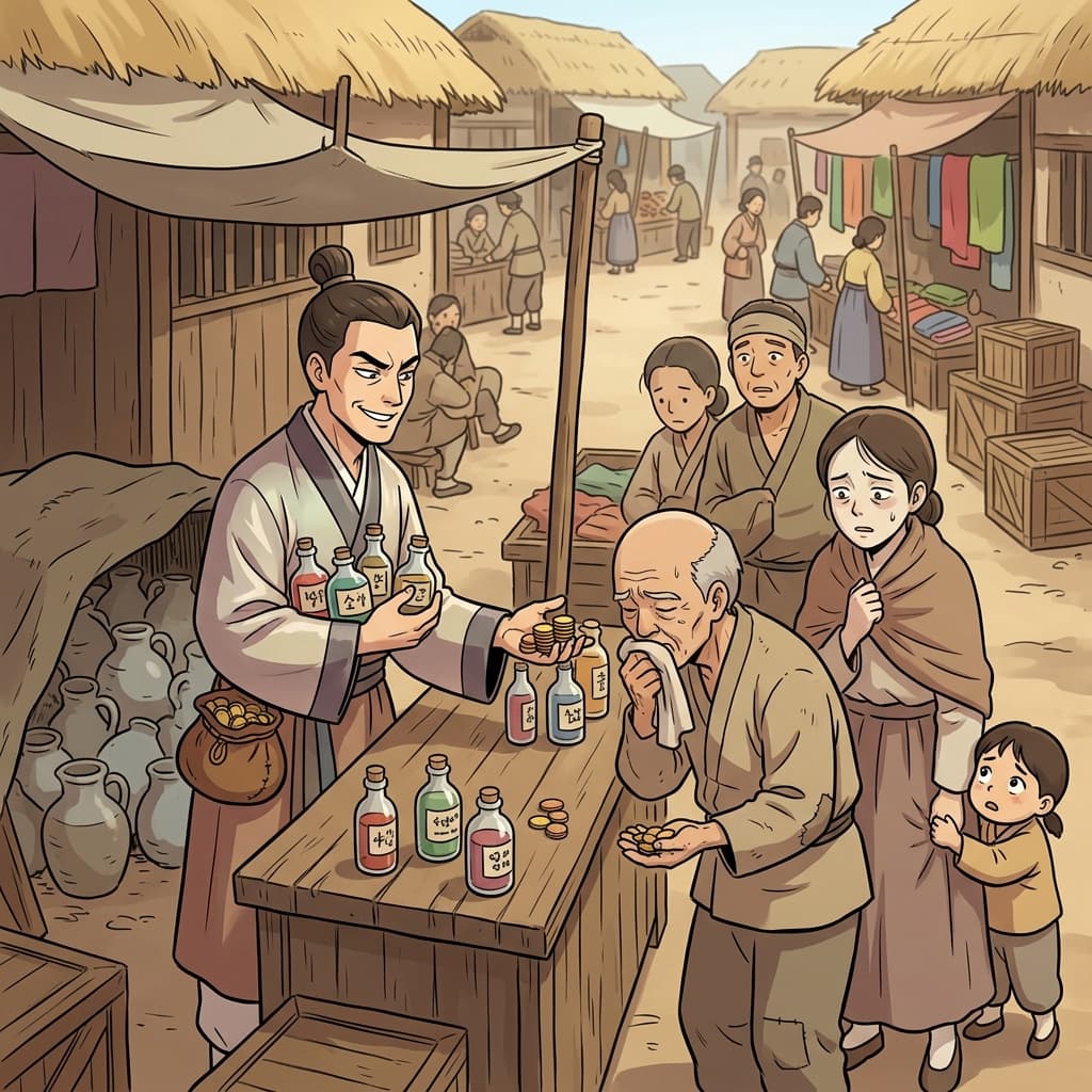 저 상인은 아픈 사람들한테 가짜 약을 팔고 있어. 정말 부도덕하다.