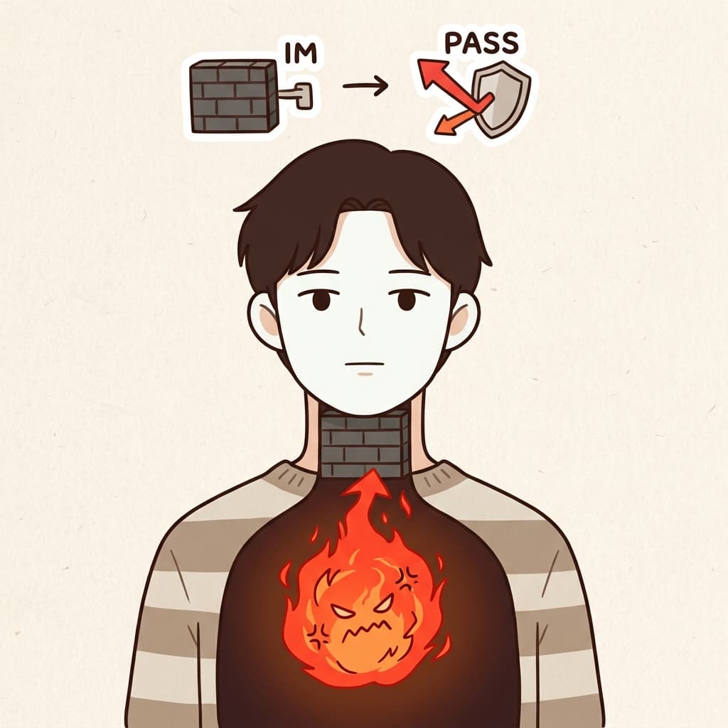 IM(못하다) + PASS(통과하다) — 그는 어떤 감정도 밖으로 통과하지(PASS) 못하게(IM) 막아, 완벽히 무표정한(impassive) 상태를 유지했다.
