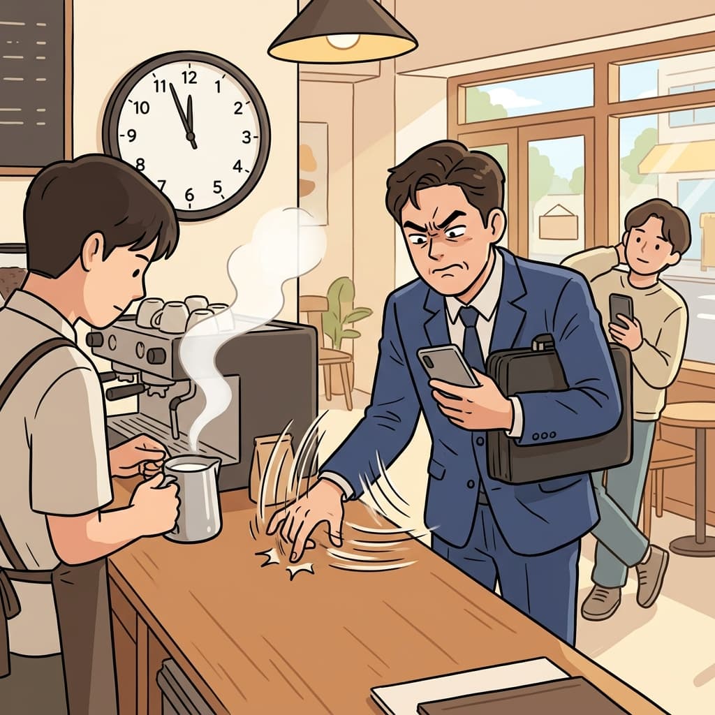 커피 나오길 기다리며 손가락을 계속 두드린다.