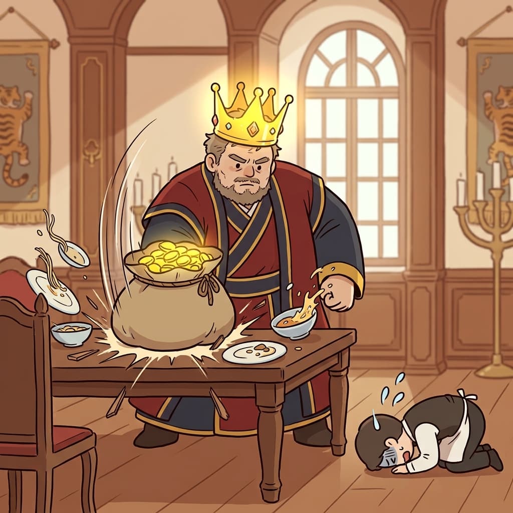 "받아라!"라고 소리치며, 거대한 황제(Impera)는 팁(tive)으로 엄청난 금화 자루를 테이블에 쾅 내리쳤고, 이는 웨이터가 반드시 따라야 하는 명령적인(imperative) 지시였다.