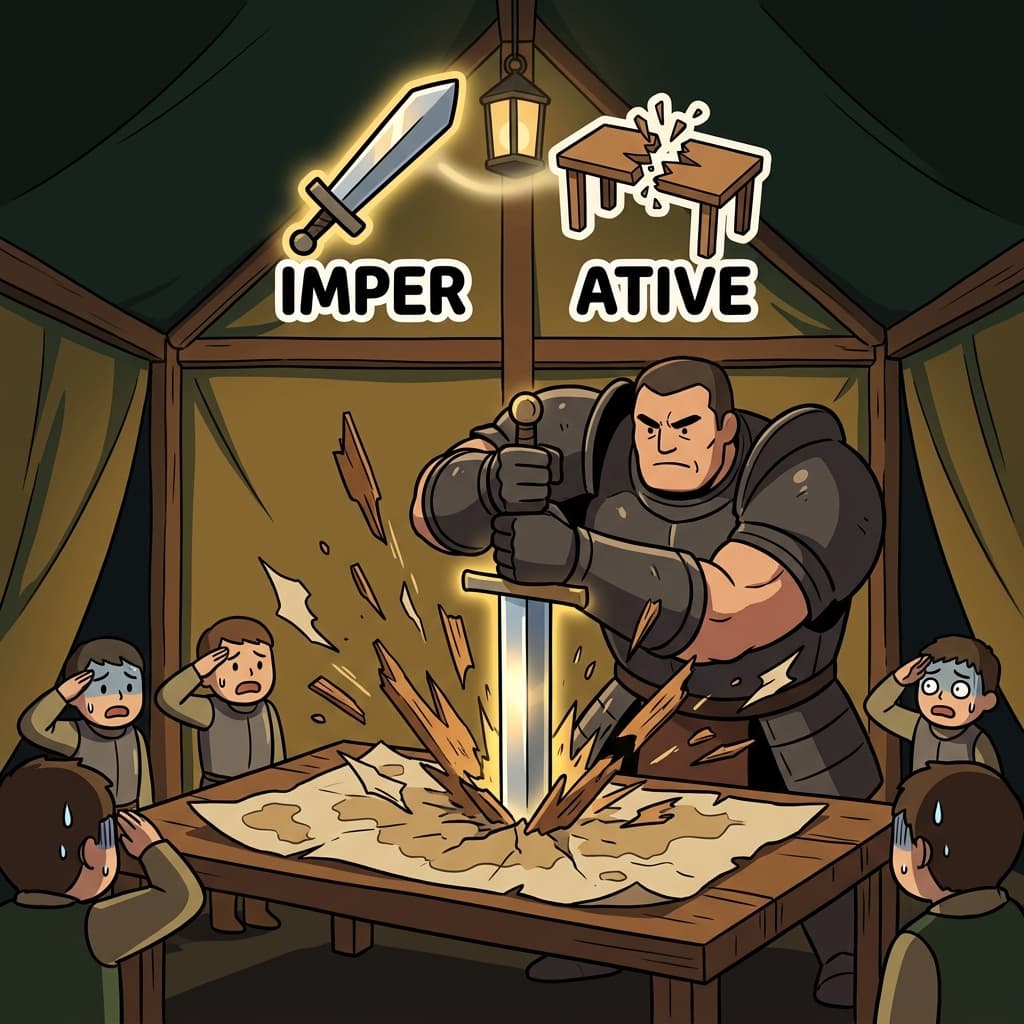 IMPER(명령하다) + ATIVE(상태) — 명령적인(반드시 해야 하는/imperative) 의무란, 거대한 장군이 군인들에게 절대적인 명령(IMPER)을 강제하기 위해 무거운 검을 지도에 거칠게 쾅 꽂아 넣는 것이다.