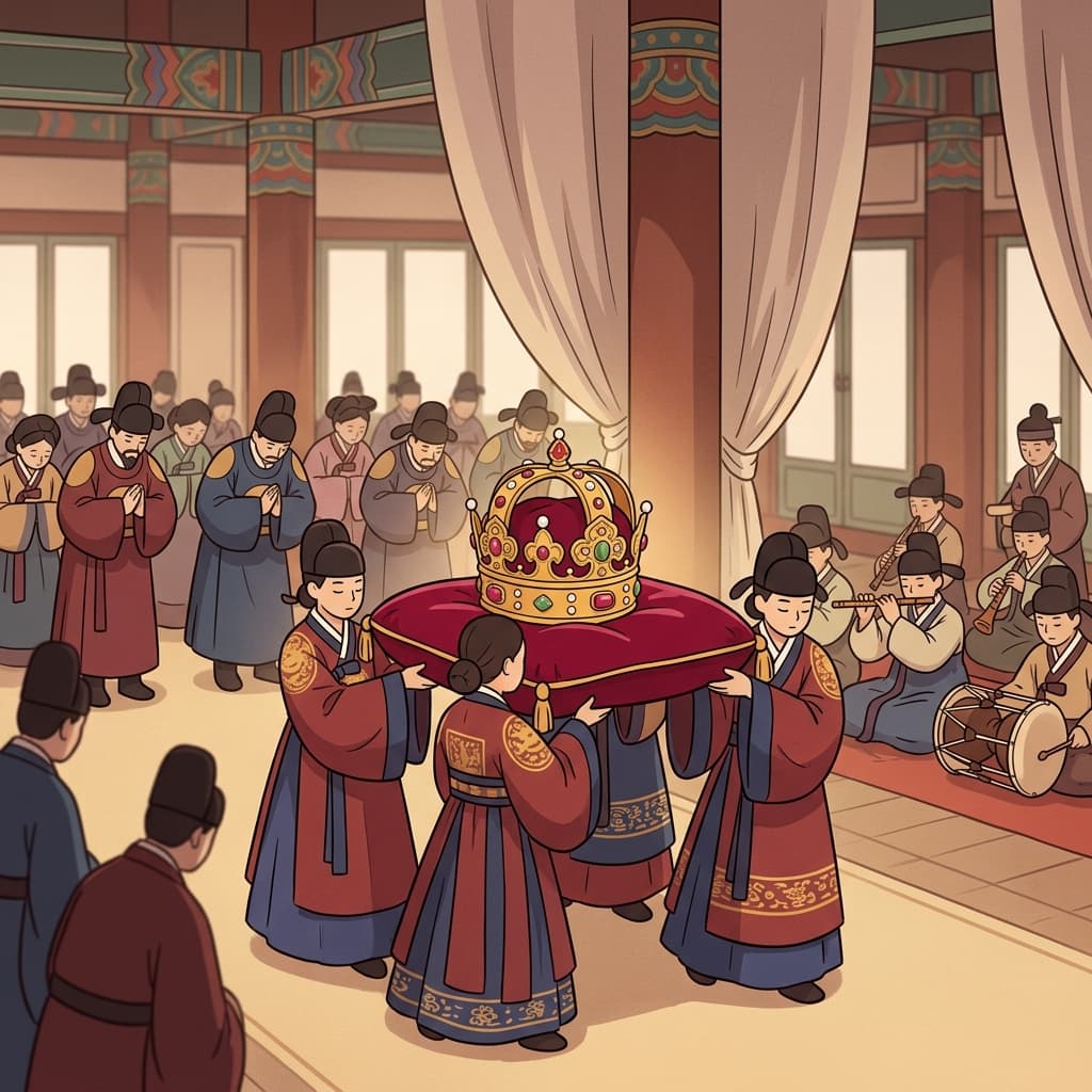 황실 의식에서 황제의 왕관이 공개되었다. ("엠퍼러(emperor)의 것!" → 황제와 관련된)