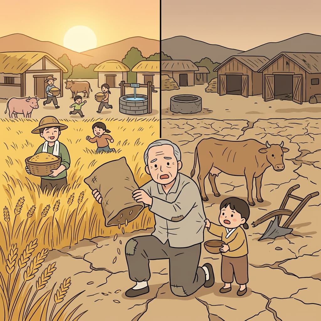 전쟁과 가뭄이 풍요롭던 마을을 순식간에 빈곤하게 만들었다.